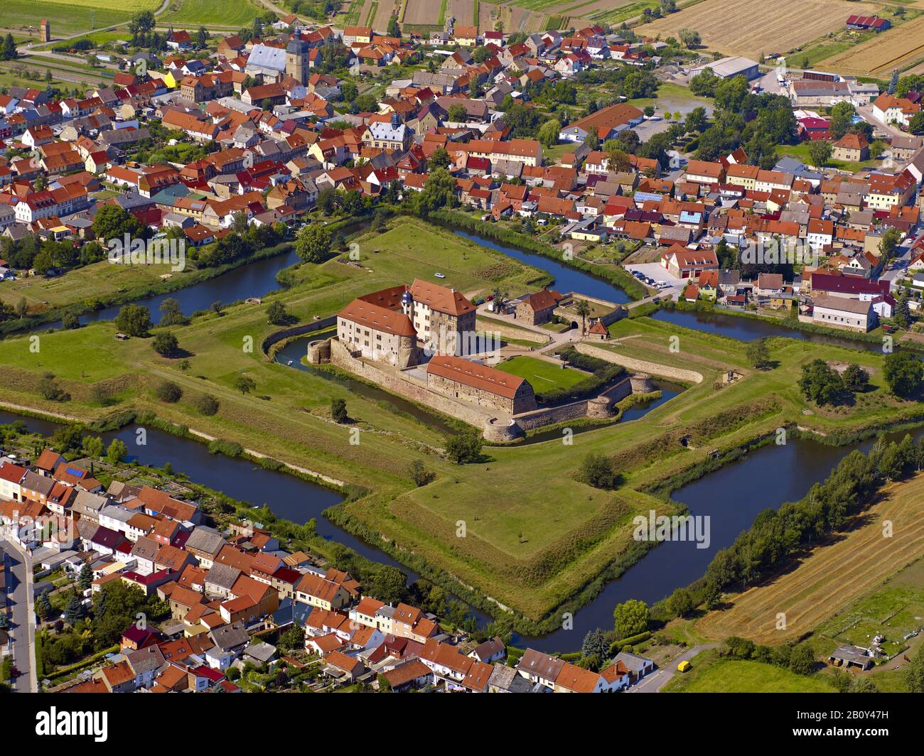 Heldrungen, Wasserburg, vista aerea, Kyffhäuserkreis, Turingia, Germania, Foto Stock