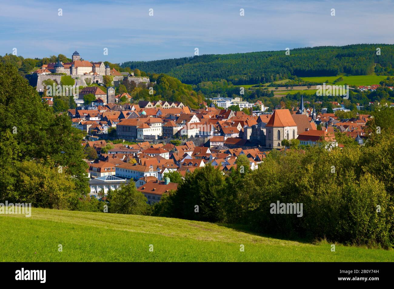 Vista sulla città con fortezza Rosenberg e chiesa parrocchiale, Kronach, alta Franconia, Baviera, Germania, Foto Stock