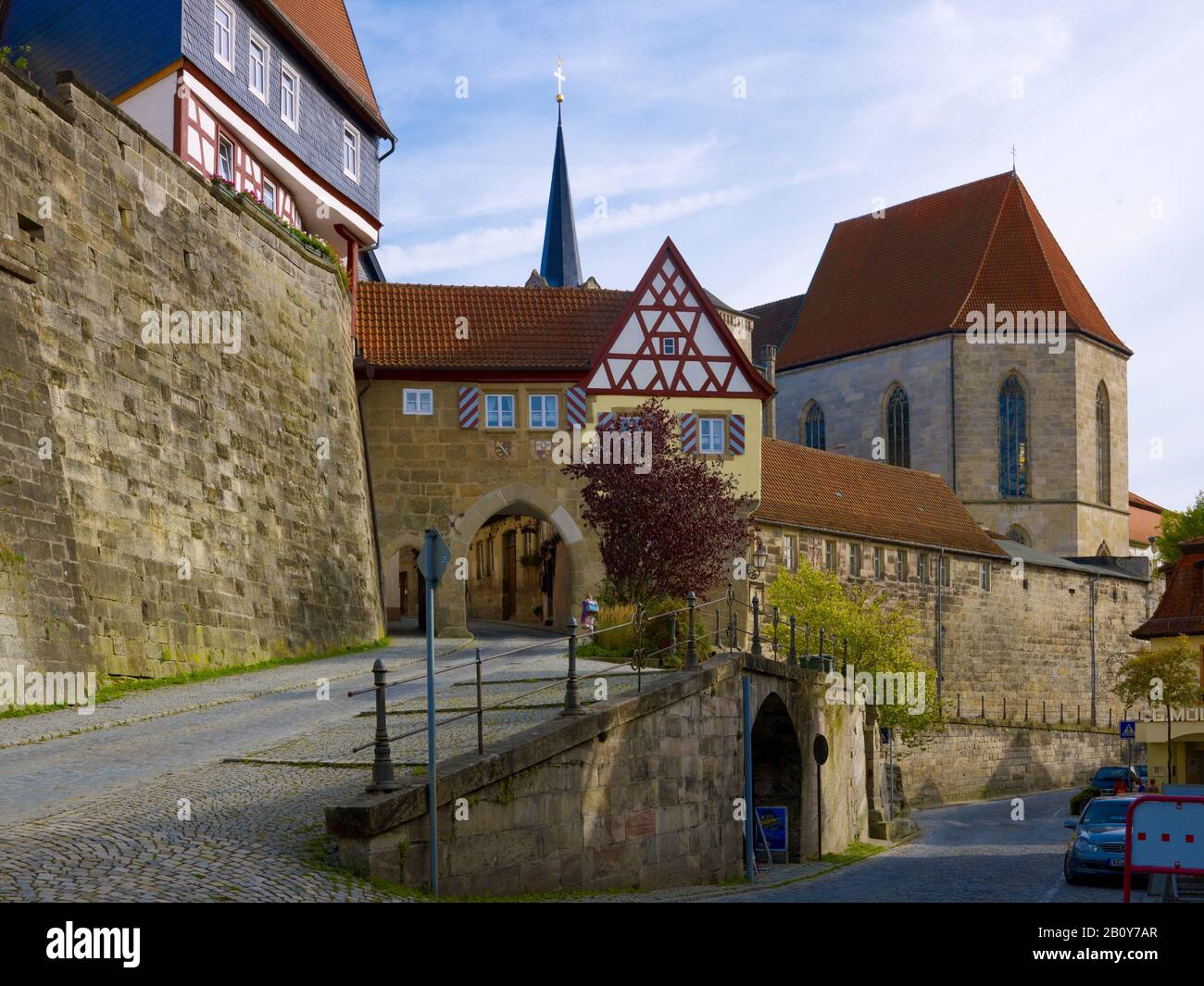 Porta Bamberga verso la città alta, Kronach, alta Franconia, Baviera, Germania, Foto Stock