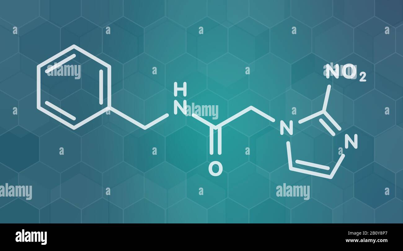 Molecola di farmaco anti-parassita di Benznidazolo, illustrazione Foto Stock