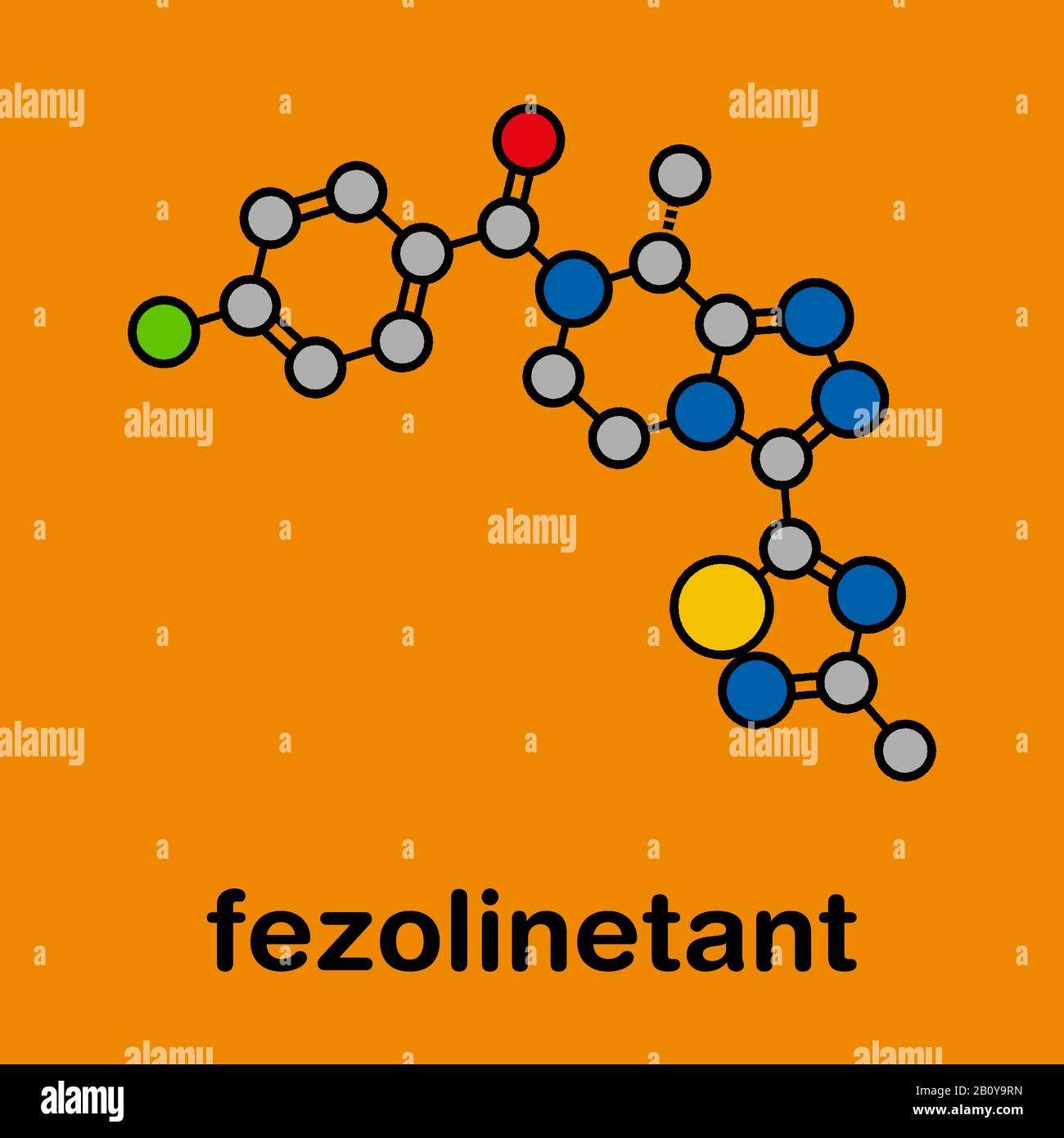 Molecola di farmaco Fenzolinetant, illustrazione Foto Stock Molecola di farmaco Fenzolinetant, illustrazione Foto Stock