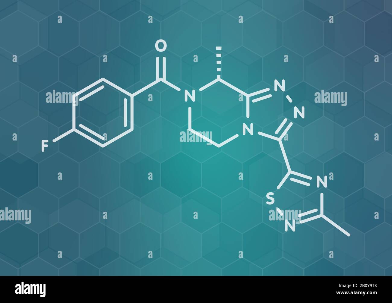 Molecola di farmaco Fenzolinetant, illustrazione Foto Stock Molecola di farmaco Fenzolinetant, illustrazione Foto Stock