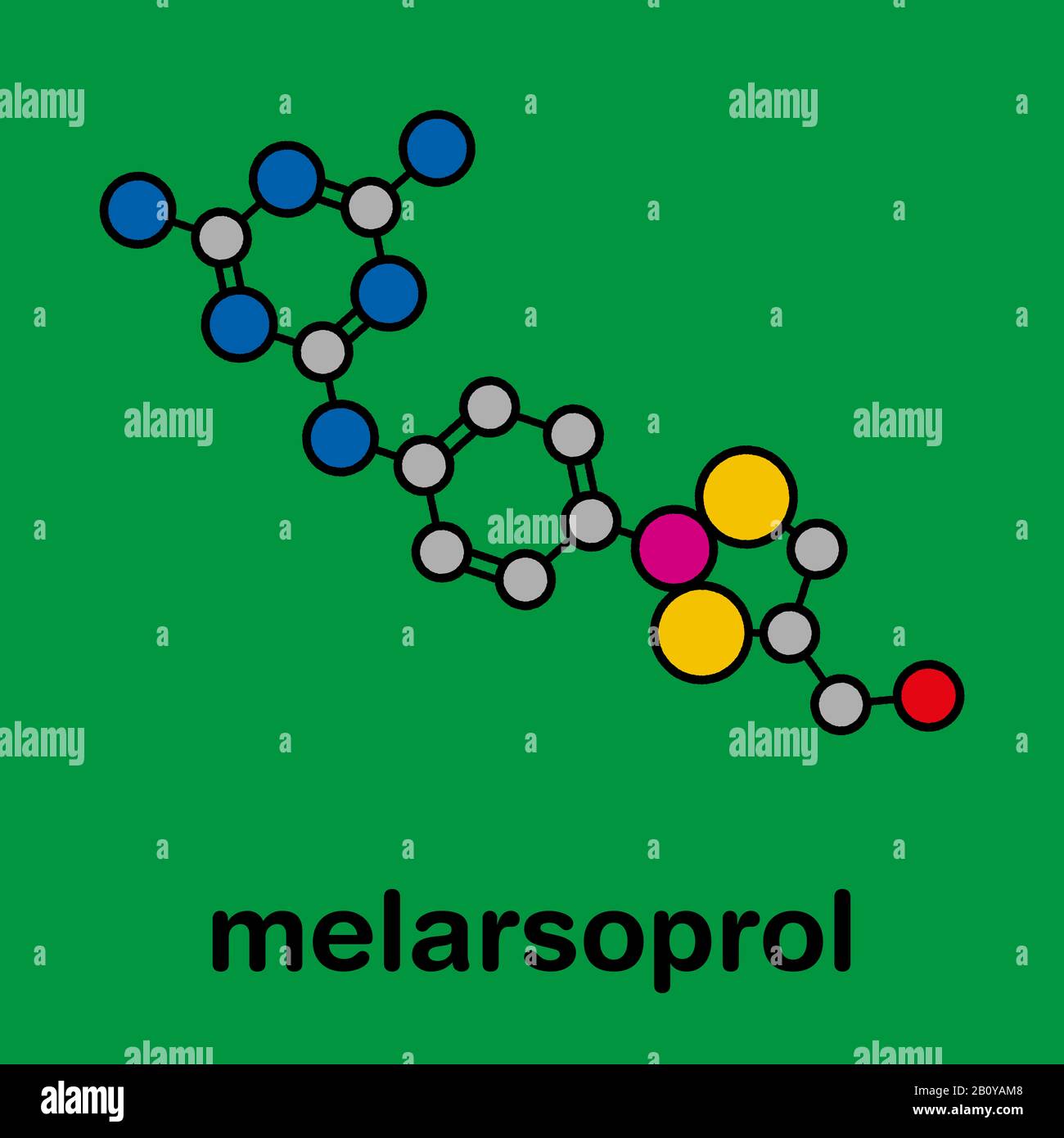 Molecola di farmaco di tripanosomiasi di Melarsoprol, illustrazione Foto Stock