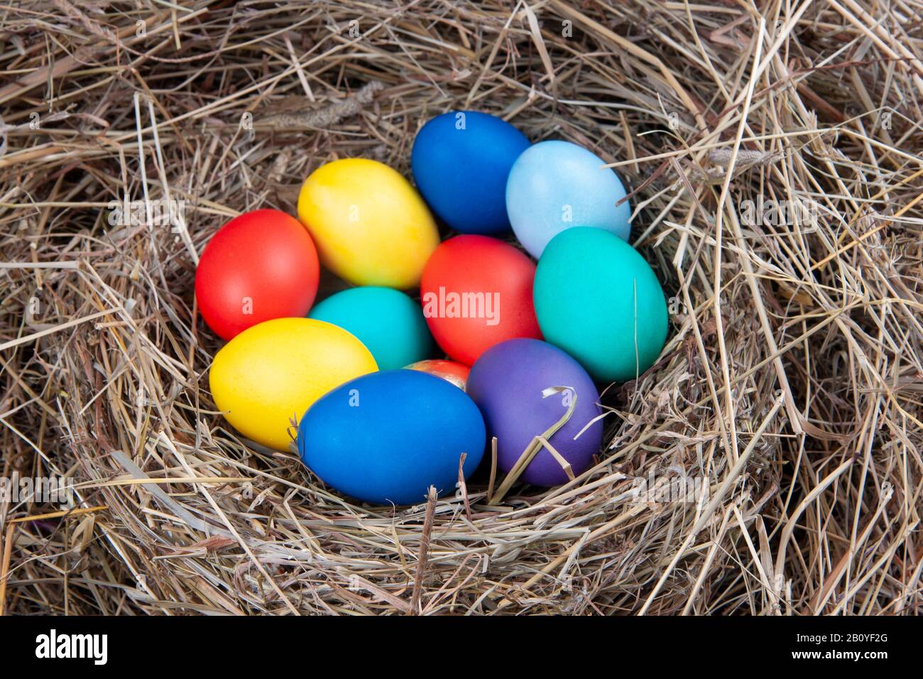 Uova multicolori in un nido nel fieno. Concetto di pasqua. Foto Stock