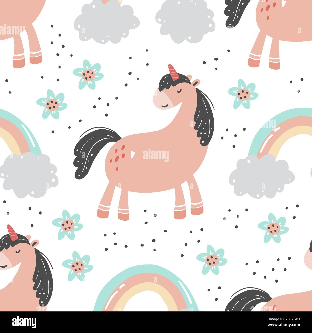 Unicorno senza cuciture modello di semplice moda cartone animato stile. Unicorno, cavallo magico, pony per bambini e tessuto magico, walppaper, disegno del tessuto. Illustrazione del vettore isolato. Illustrazione Vettoriale