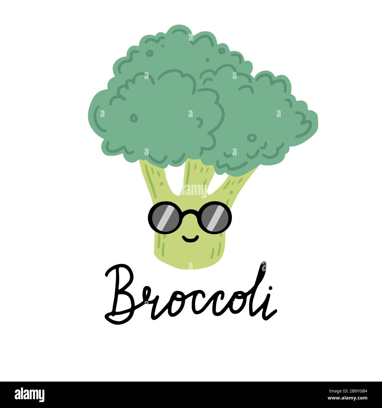 Broccoli divertente personaggio cartone animato con occhiali. Illustrazione del vettore isolata. Concetto di cibo sano, vegetariano. Broccoli hanno astratto, cartone animato, stile disegnato a mano. Illustrazione Vettoriale