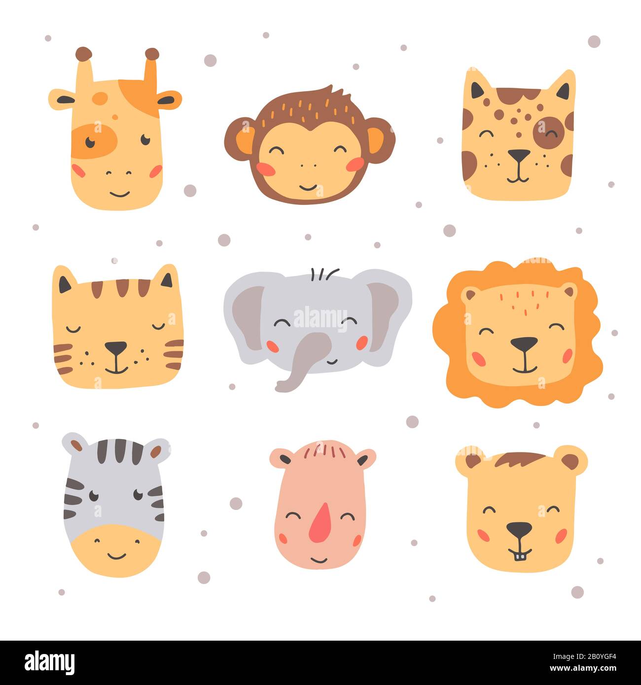 Set di cute animali selvatici volti, orso, cervo, panda, coniglio, volpe. Animali isolati di illustrazione del vettore per il bambino, i capretti, disegno di progetto del bambino. Stile carino disegnato a mano. Illustrazione Vettoriale
