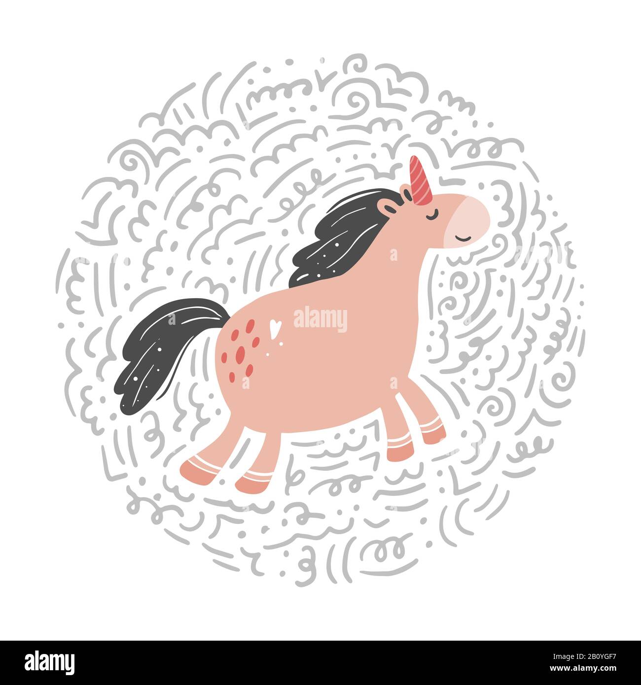 Unicorno di semplice stile di cartone animato alla moda con elementi. Unicorno di colore rosa per bambini e tessuti magici, borsa, t-shirt design. Illustrazione del vettore isolato. Illustrazione Vettoriale