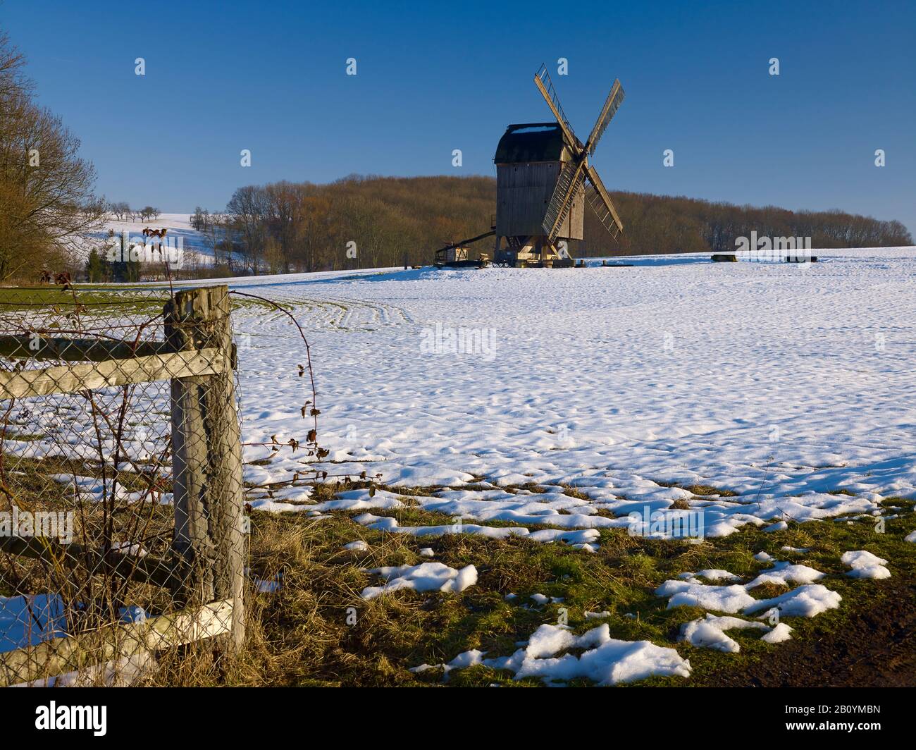 Mulino a vento Bock vicino a Ballstädt nel mezzo della valle di Nessetal, distretto di Gotha, Turingia, Germania, Foto Stock