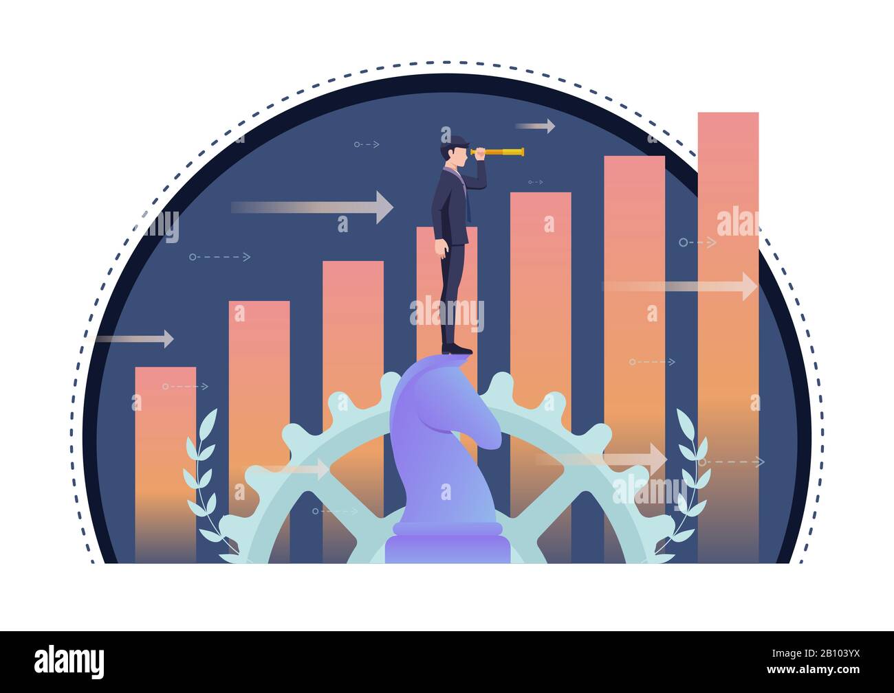 Uomo d'affari che usa il telescopio su scacchi a cavallo con il grafico di crescita in background. Visione aziendale e concetto di leadership. Illustrazione Vettoriale