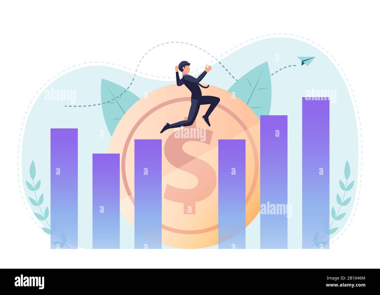 Un uomo d'affari isometrico 3d piatto che salta attraverso la distanza tra il grafico per raggiungere il punto più alto. Concetto di leadership e successo aziendale. Illustrazione Vettoriale