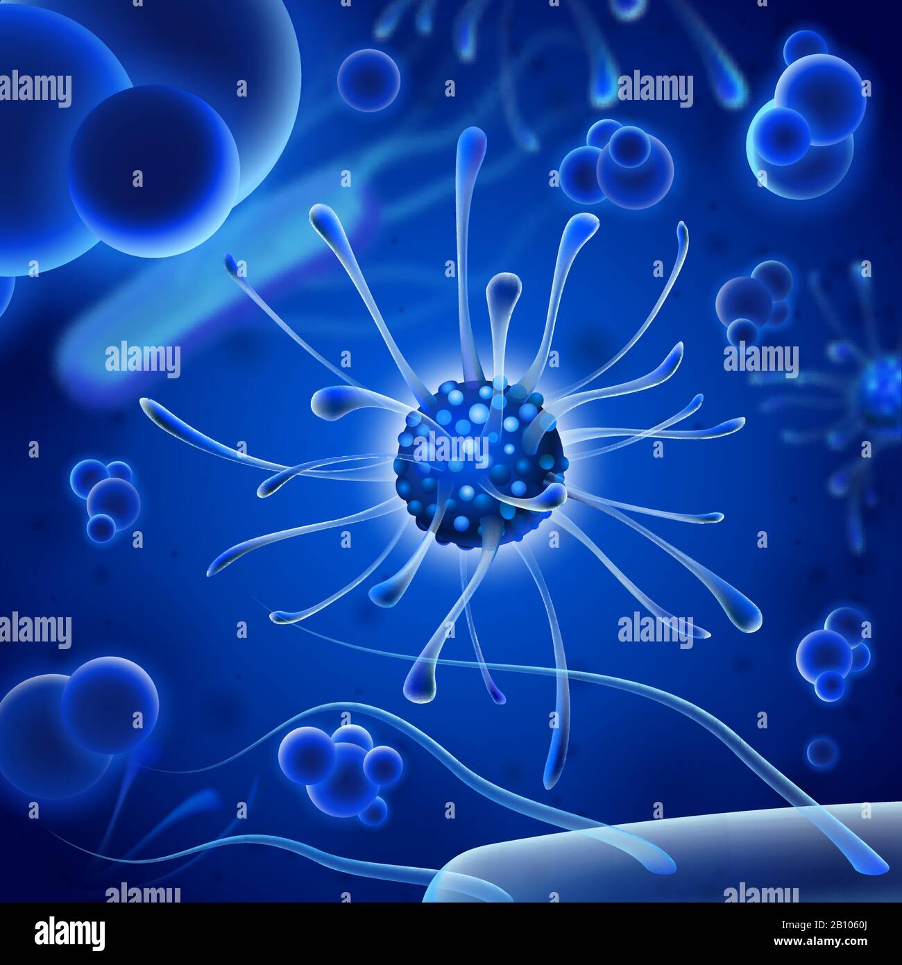 Batteri microscopici. Microrganismi batterici, virus e microbi fanno da sfondo. Scienza del virus della microbiologia contesto vettoriale 3d Illustrazione Vettoriale