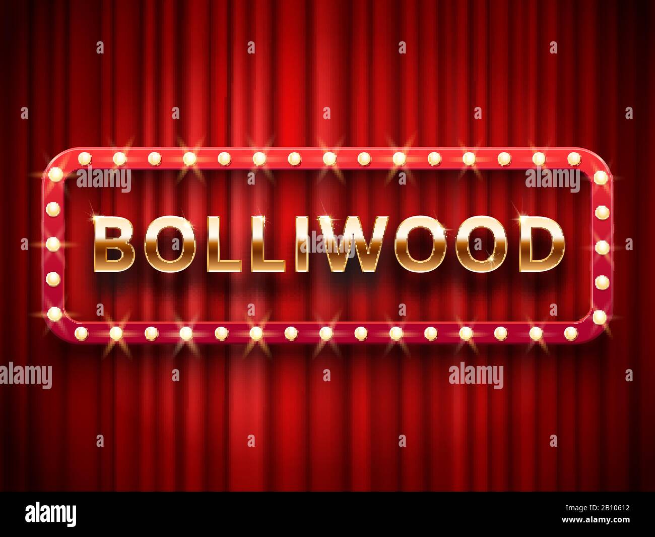 Cinema Bollywood. Film, cinematografia e poster del teatro vintage indiano. Retro 3d classico logo poster film su tende rosse modello vettoriale Illustrazione Vettoriale