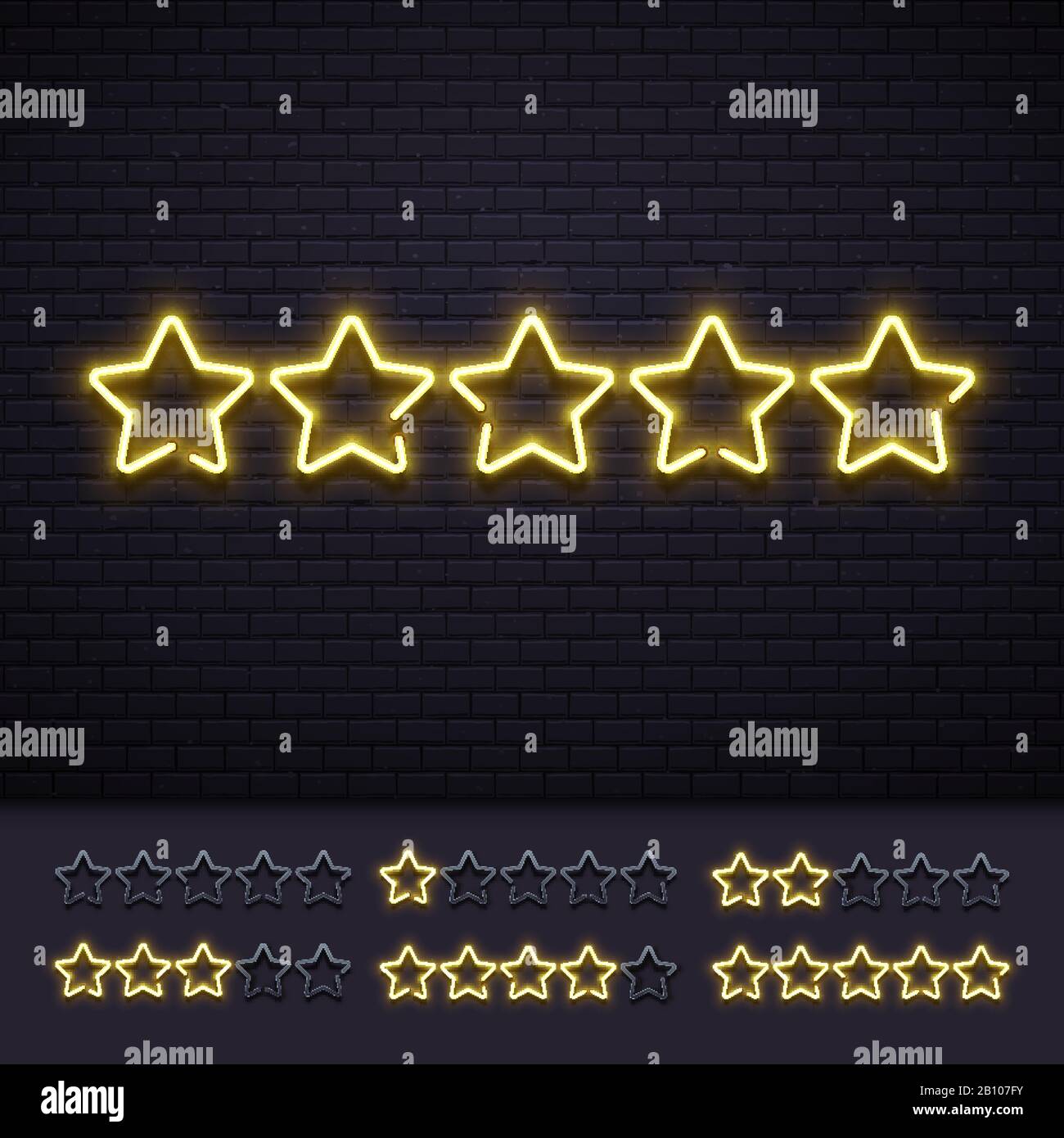 Neon cinque stelle. Aureo illuminato stelle noni lampade su muro di mattoni. Immagine vettoriale con segno di lusso Gold Light Illustrazione Vettoriale