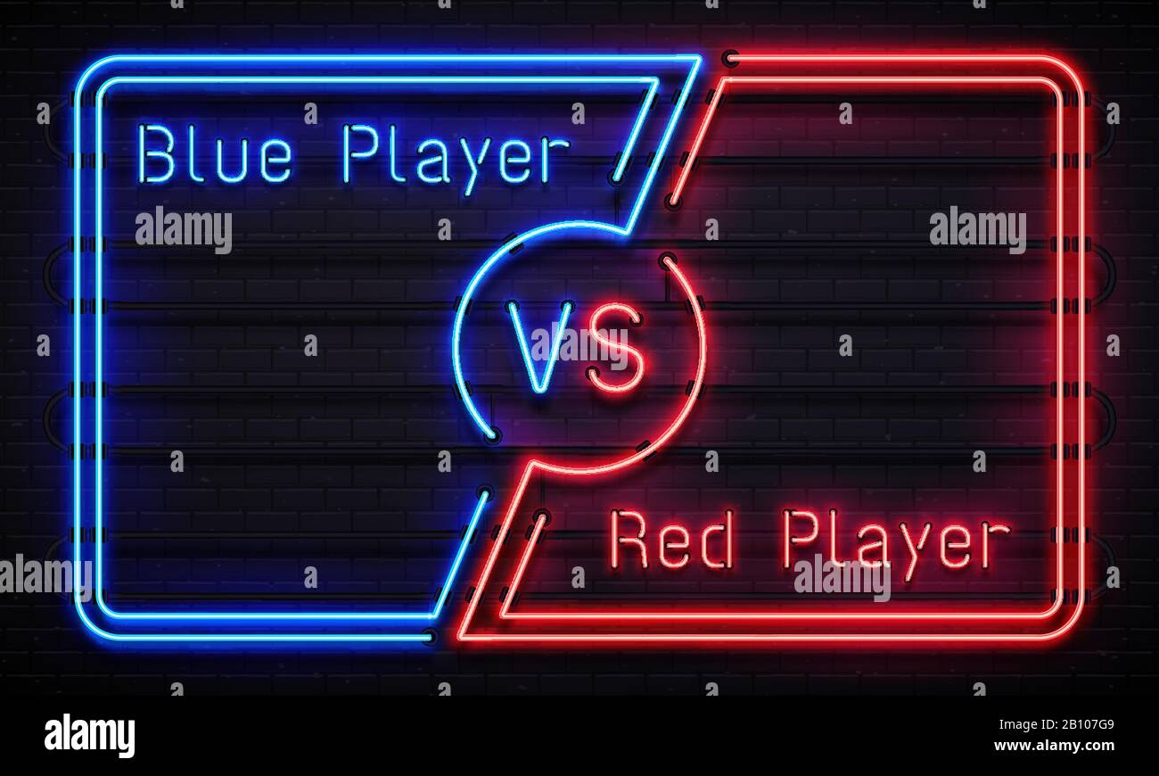 Neon rispetto al telaio. Combatti con i telai delle squadre dei giocatori blu e rosso. Concetto di vettore dello schermo di confronto Illustrazione Vettoriale