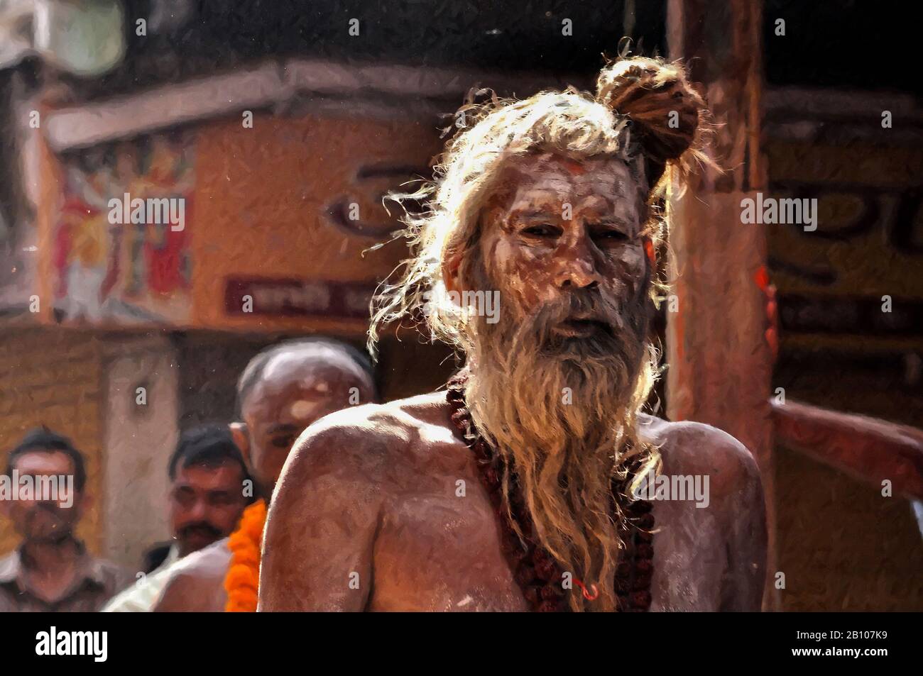 Quadri digitali: Naga Sadhu-15 Pittura digitale di una Naga Sadhu con lunghi capelli e cenere Santa sul viso che indossa il cordone di Rudraksha a Varanasi, India. Foto Stock