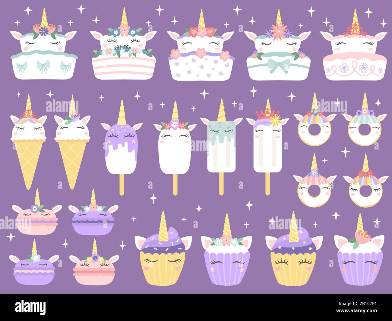Dessert unicorno. Unicorni macaron, torta di panetteria deliziosa divertente cupcake al cioccolato e ciambella. Set vettore per gelato arcobaleno e cupcake Illustrazione Vettoriale