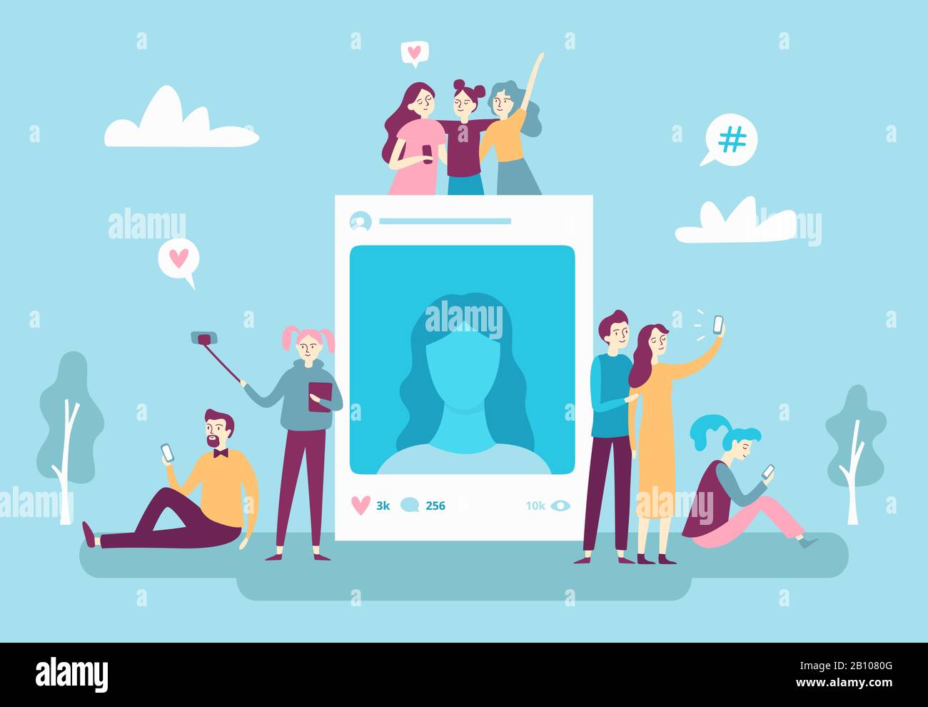 Post foto social network. Giovani che pubblicano selfie phot Illustrazione Vettoriale