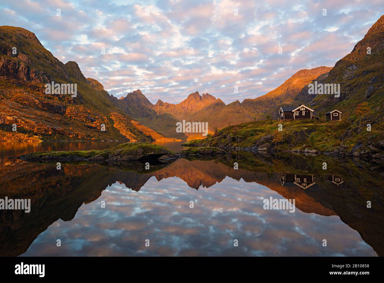 Cresta di montagna con algenglow riflesso nel lago alla luce del mattino, Avatnet, Moskenesoya, Lofoten, Norvegia Foto Stock