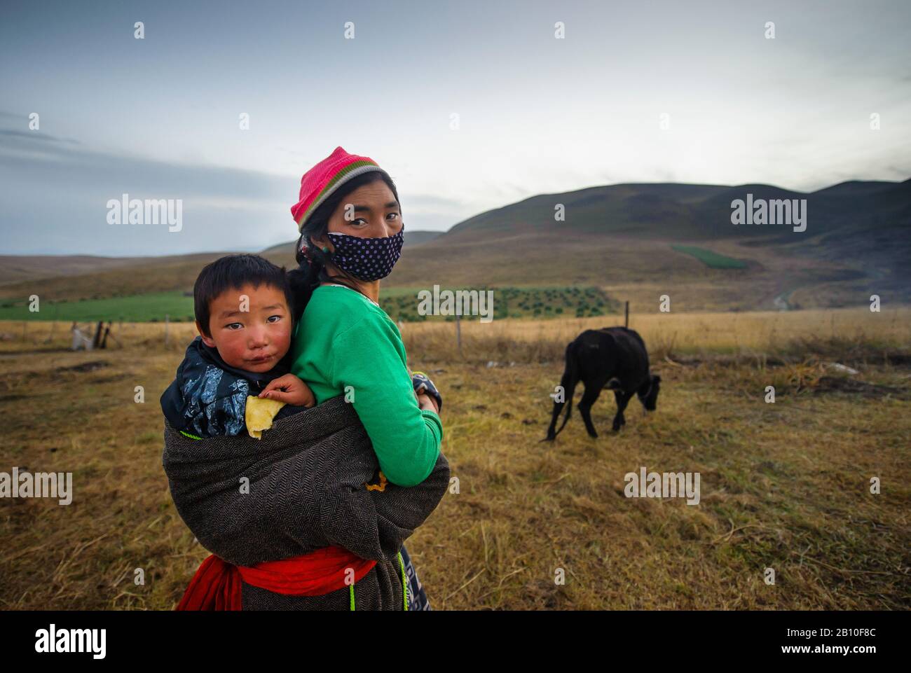 La madre tibetana porta suo figlio in un panno nel campo, altopiano tibetano, provincia di Gansu, Cina Foto Stock