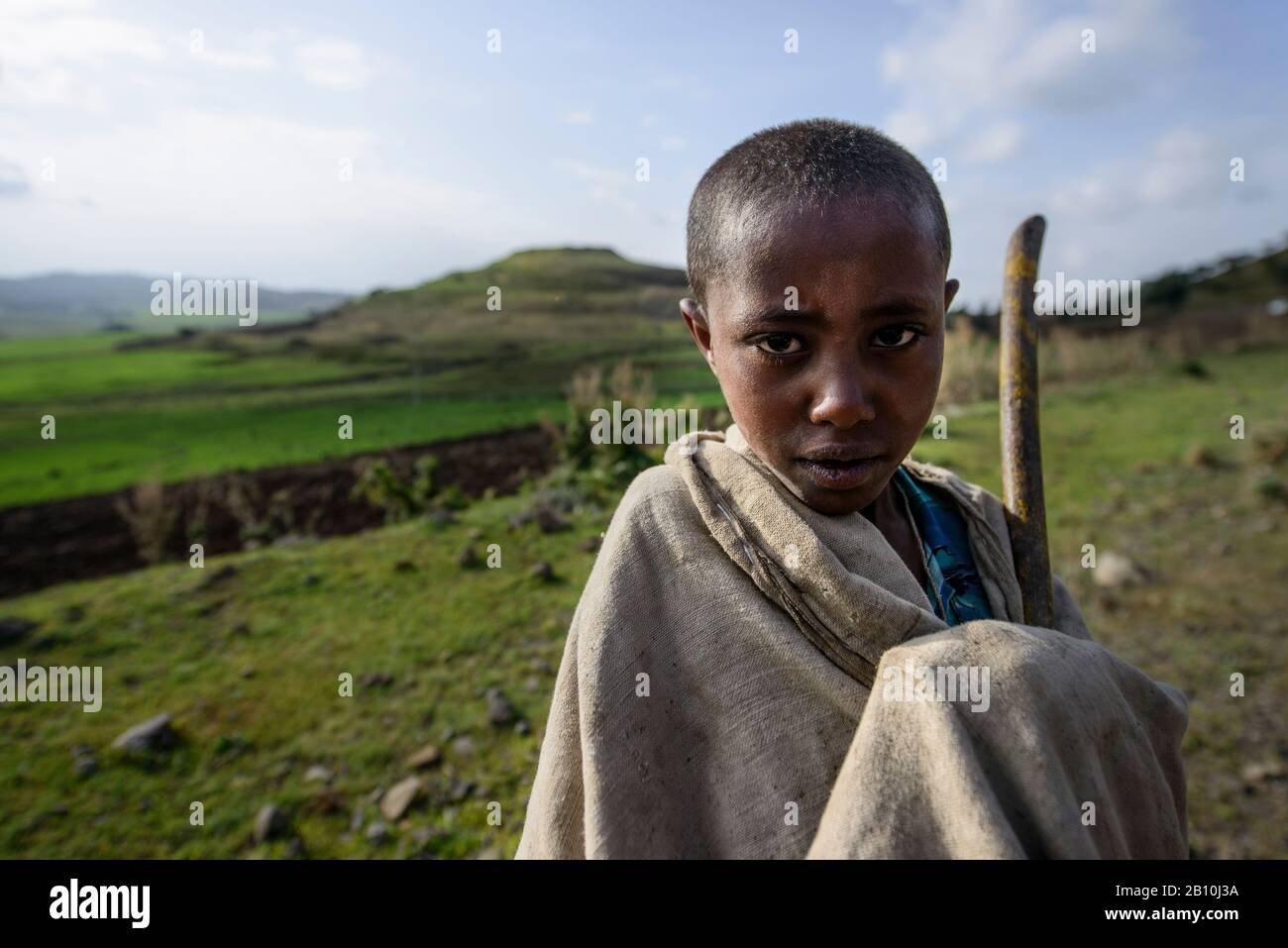 I bambini etiopi lavorano nei campi degli altopiani, Etiopia Foto Stock