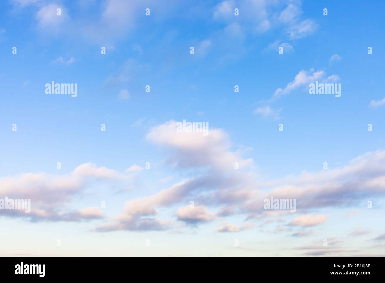 nuvole bianche, grigie e rosa basse nel cielo blu in serata crepuscolo in inverno Foto Stock