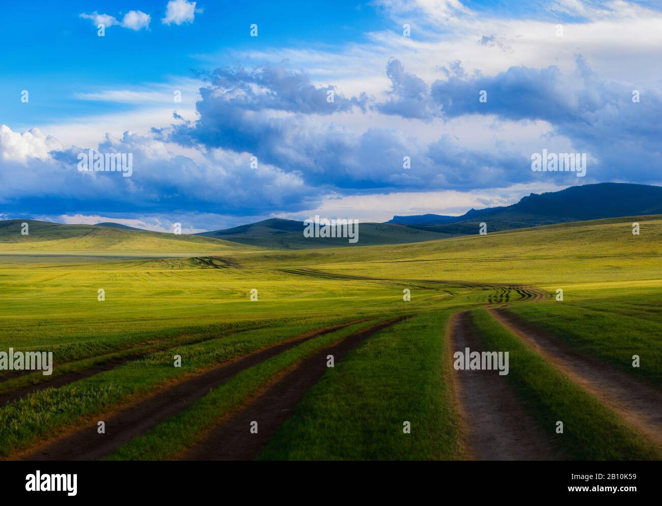 Percorsi di nomadi sulle praterie della steppa mongola, Mongolia Foto Stock