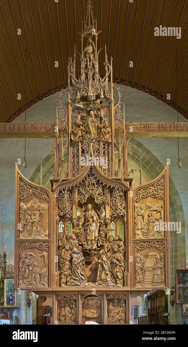 Altare maggiore di Riemenschneider nel Herrgottskirche vicino a Creglingen, Main-Tauber-Kreis, Baden-Württemberg, Germania Foto Stock