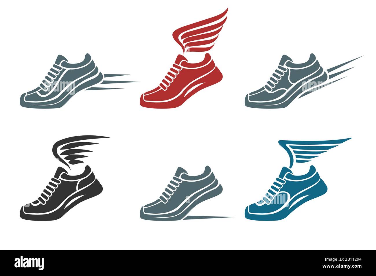 Set di Speed running e scarpe sportive alate emblema o icona. Illustrazione del vettore. Illustrazione Vettoriale