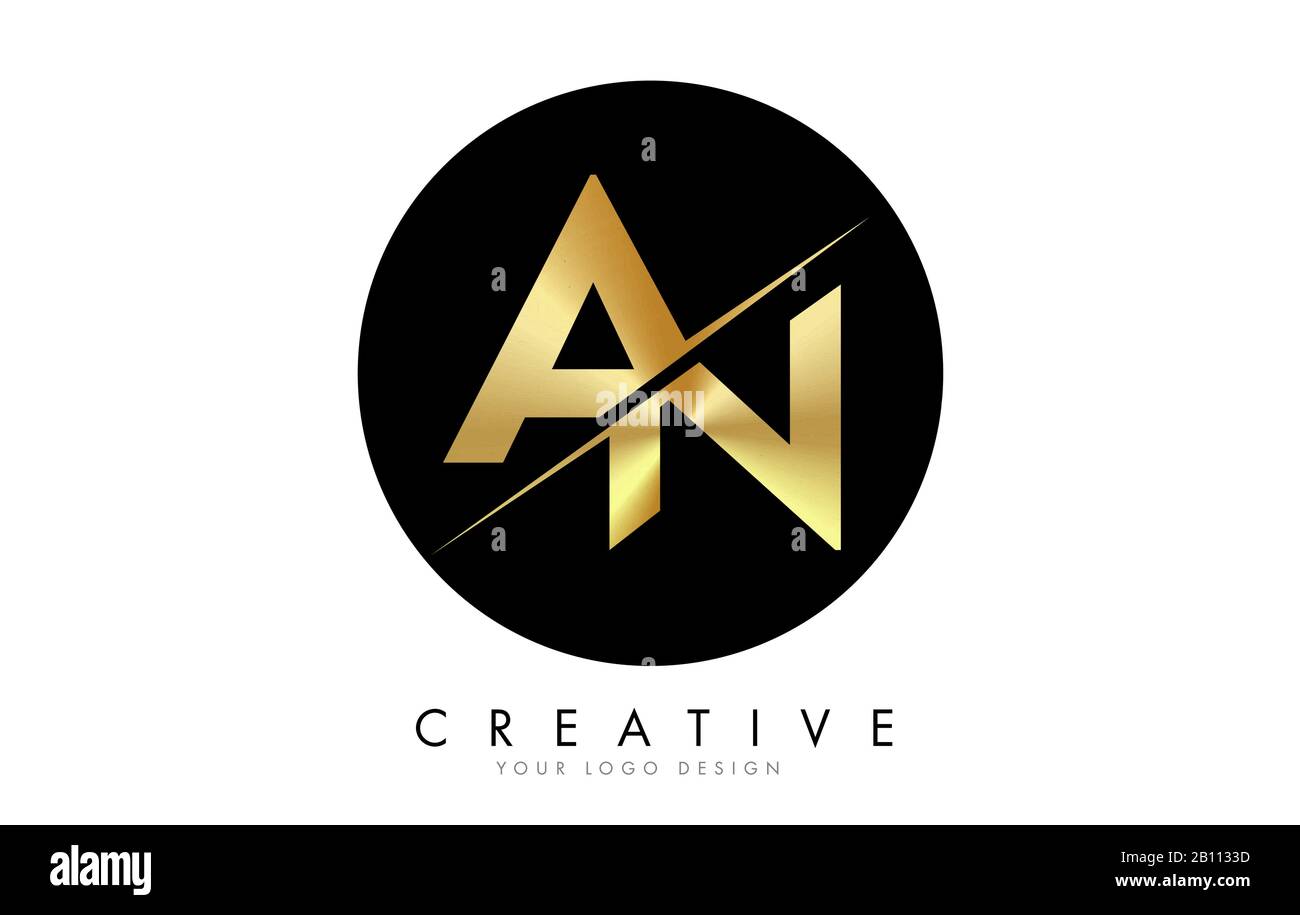 Un logo A N Golden Letter con un taglio creativo. Logo creativo con sfondo cerchio nero. Illustrazione Vettoriale