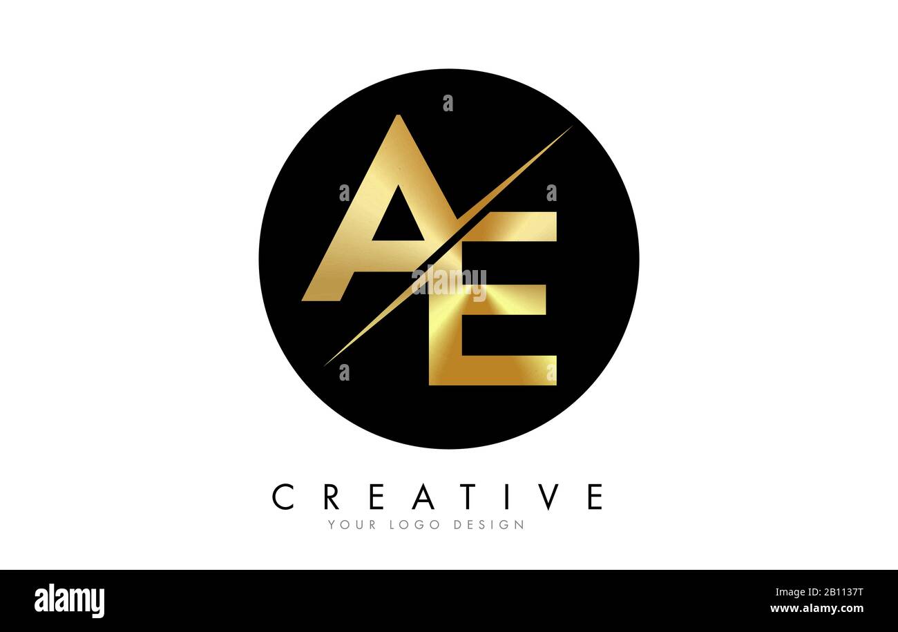 AE A e Golden Letter Logo Design con taglio creativo. Logo creativo con sfondo cerchio nero. Illustrazione Vettoriale