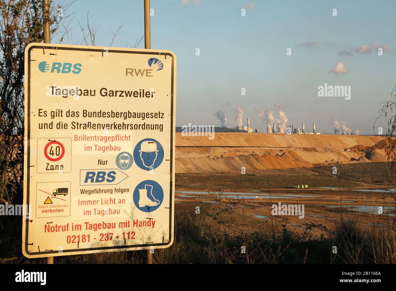 Informazione segno marrone carbone opencast miniera Garzweiler, Germania, Nord Reno-Westfalia, Juechen Foto Stock