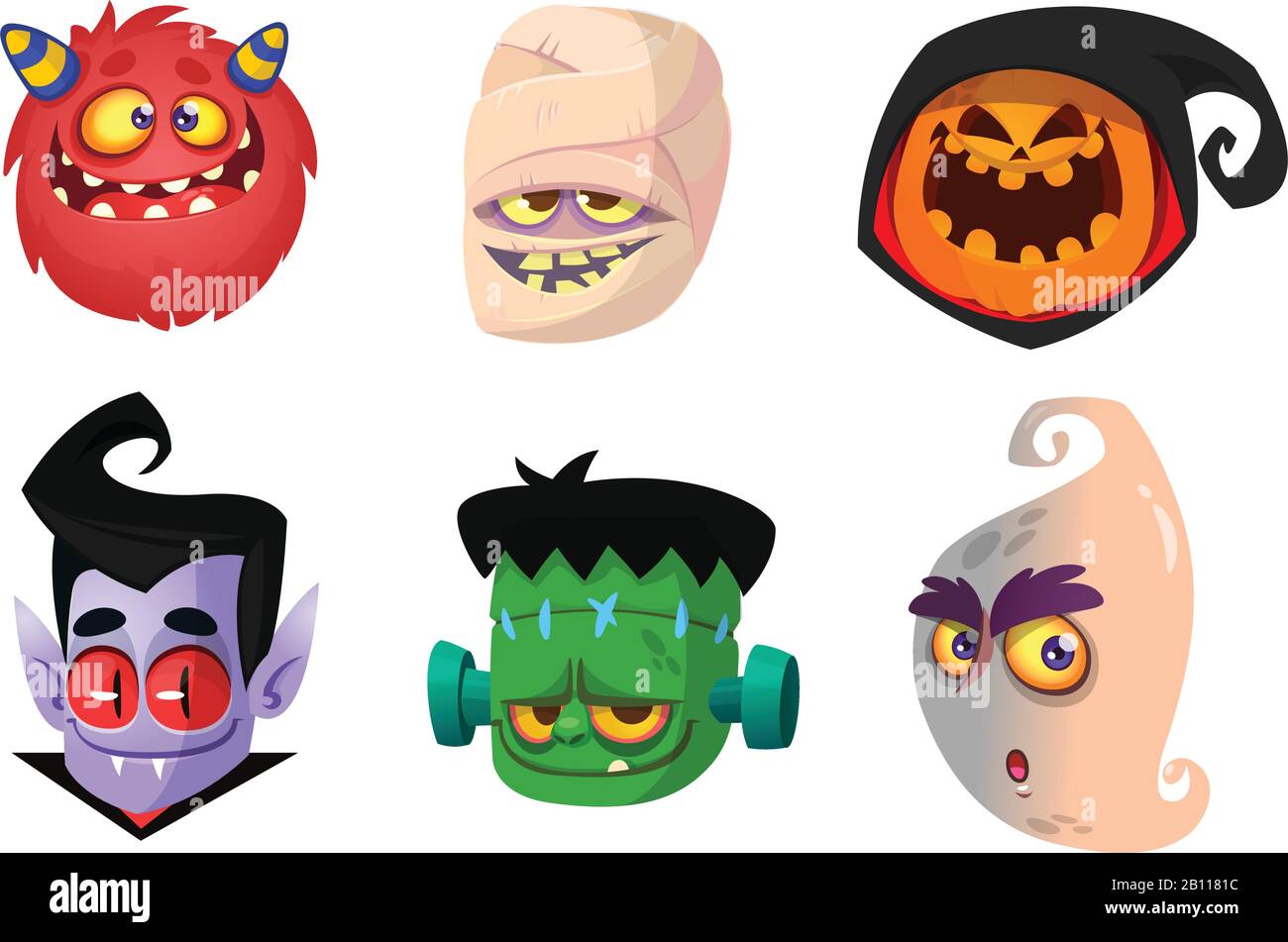 Set di icone dei personaggi di Halloween. Avatars cartoon testa di zucca Jack o lntern, zombie, vampiro, mostro rosso, mummia e fantasma. Illustrazione Vettoriale
