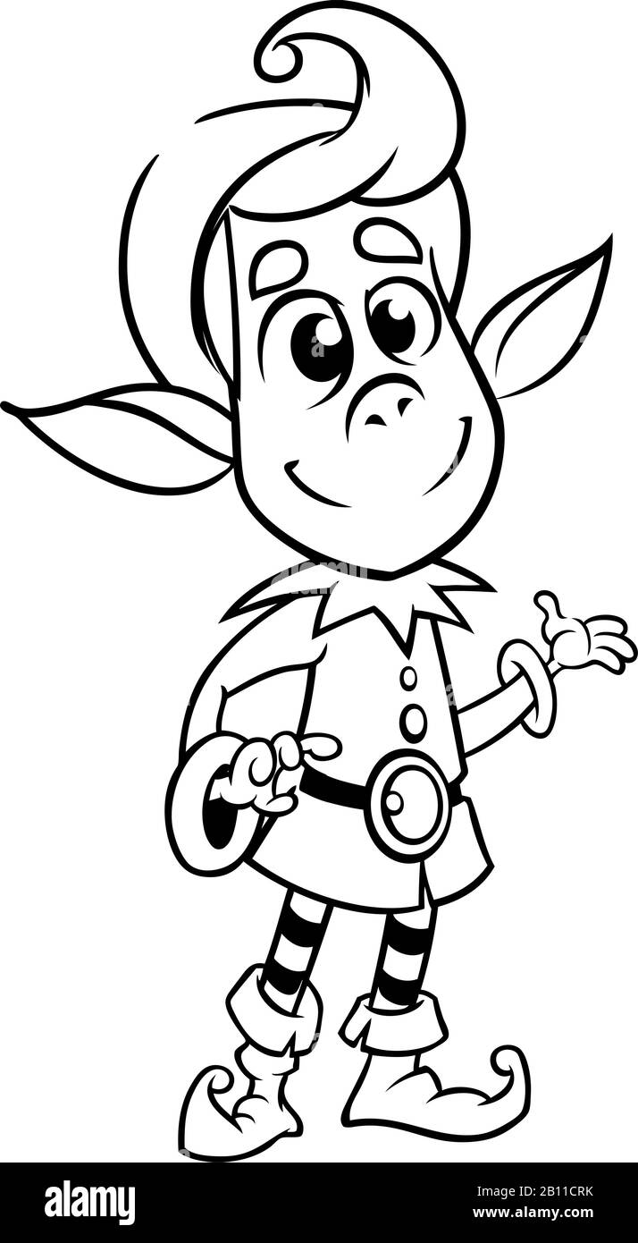 Un'illustrazione vettoriale di disegno di linea dell'elfo di Natale. Santa aiutante di costruire giocattoli e regali. Contorni. Illustrazione Vettoriale