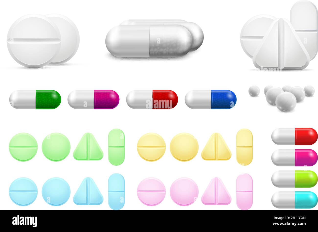 Pillole bianche, antibiotici o farmaci antidolorifici isolati per l'assistenza sanitaria. Set di vitamine, capsule antibiotiche e vettori farmaceutici Illustrazione Vettoriale