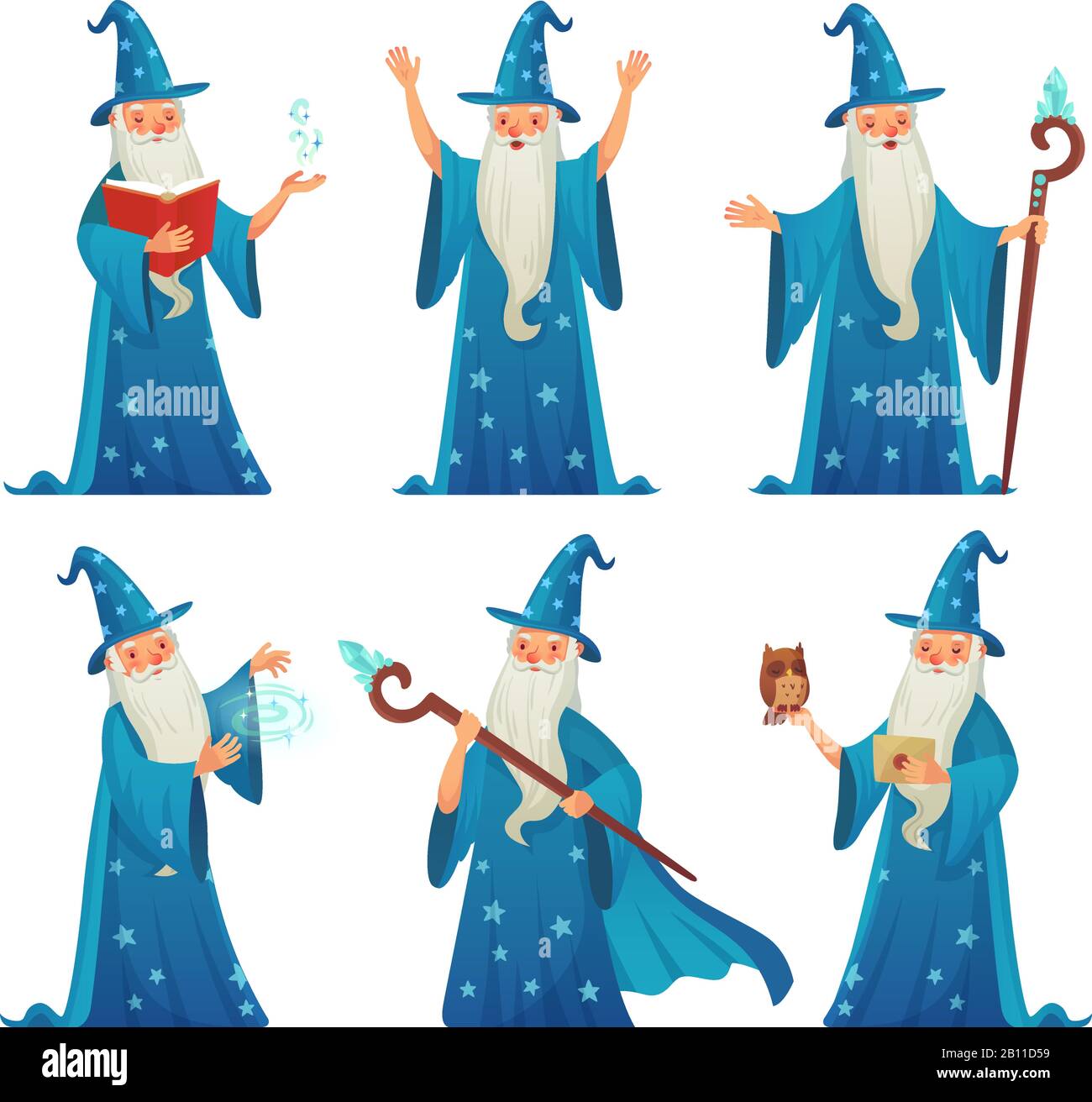 Personaggio della procedura guidata cartoon. Vecchio strega uomo in maghi accappatoio, mago e magico medievale stregone isolato vettore set Illustrazione Vettoriale