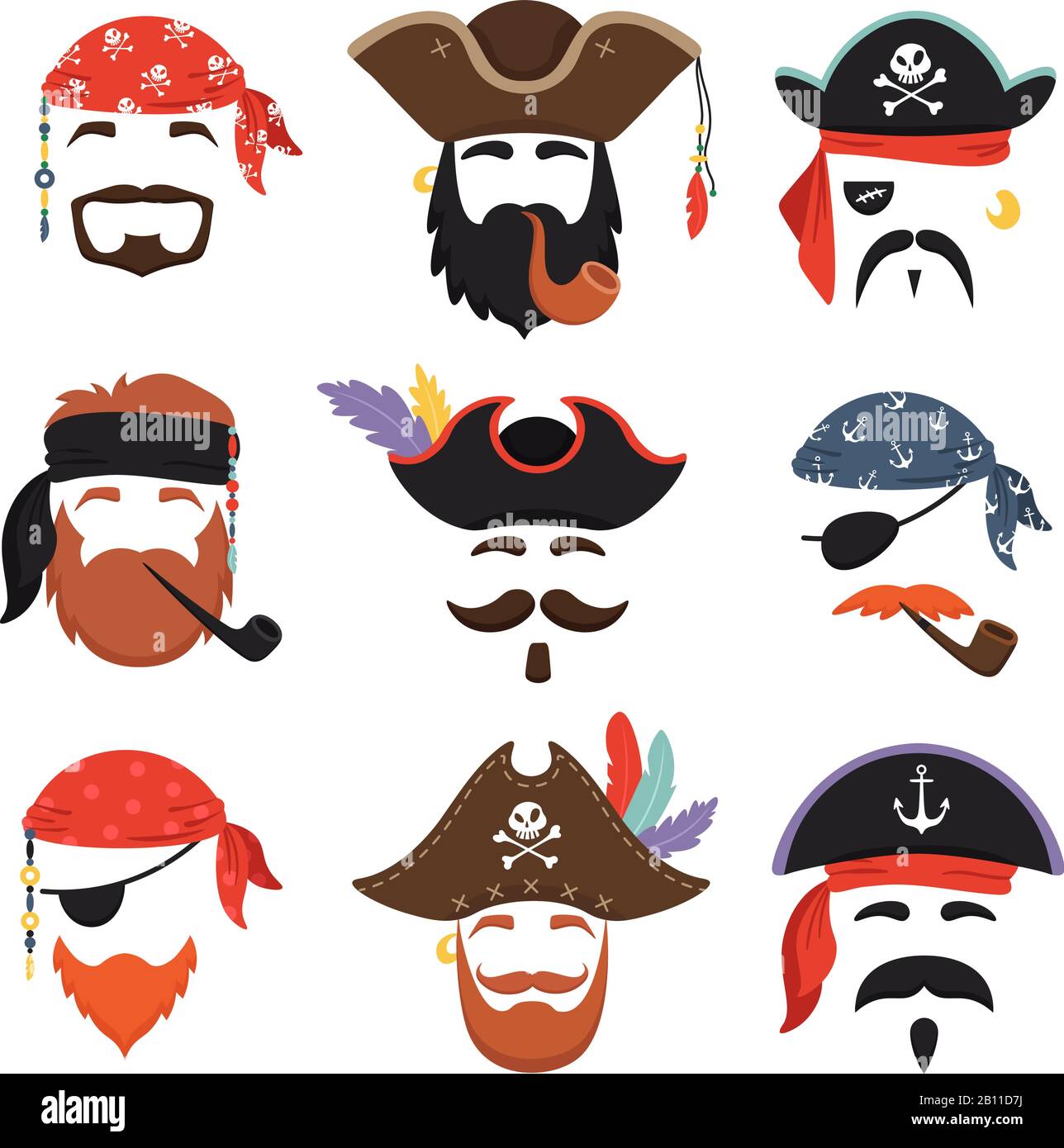 Maschera dei pirati di Carnevale. Divertenti cappelli pirati di mare,  bandana viaggio con temibili capelli e tubo fumo isolato maschere vettore  set Immagine e Vettoriale - Alamy