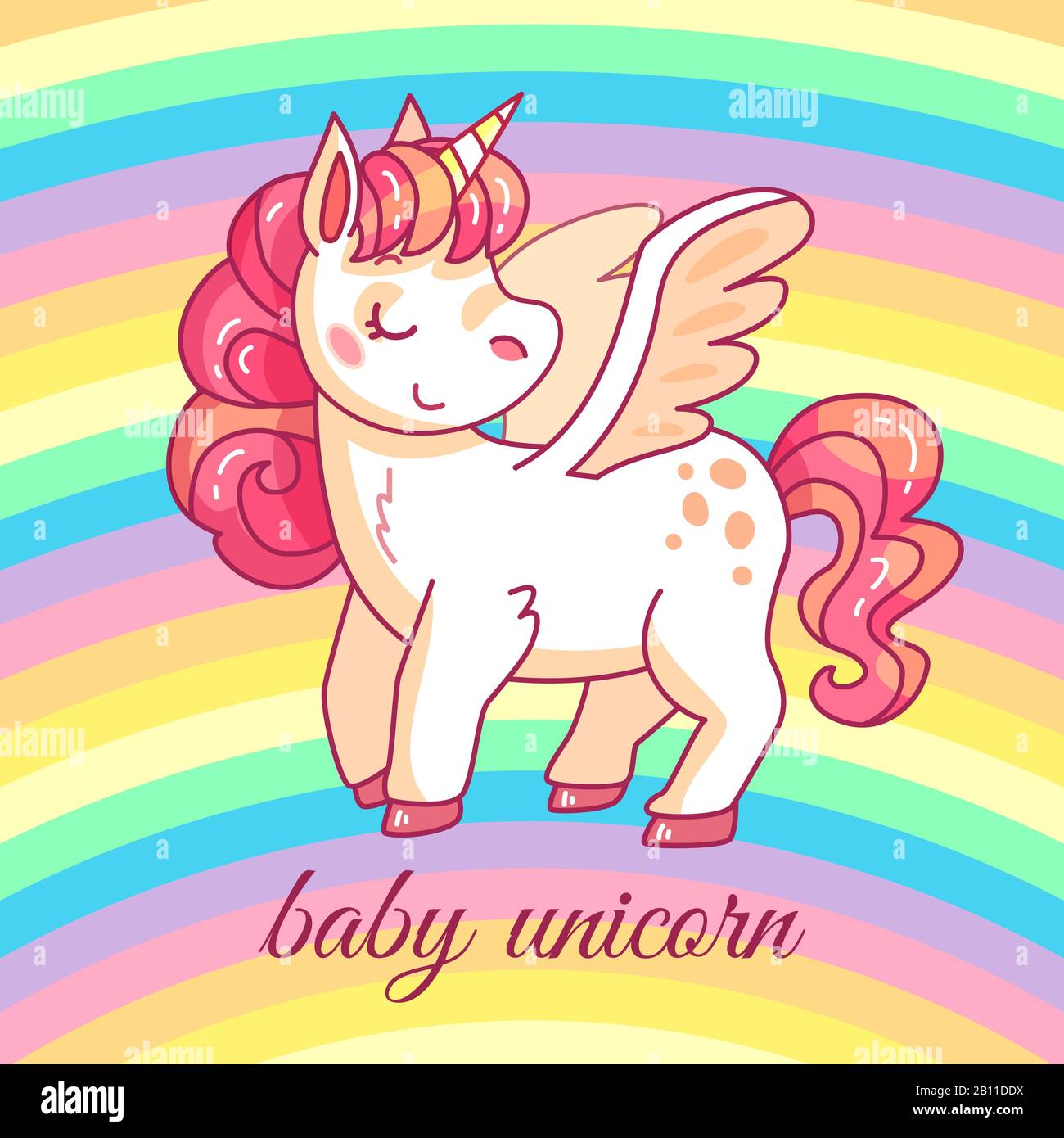 Cute baby unicorn. Cartone animato fatato pony magico su arcobaleno. Divertente cavallo girlish t-shirt o adesivi vettore design Illustrazione Vettoriale