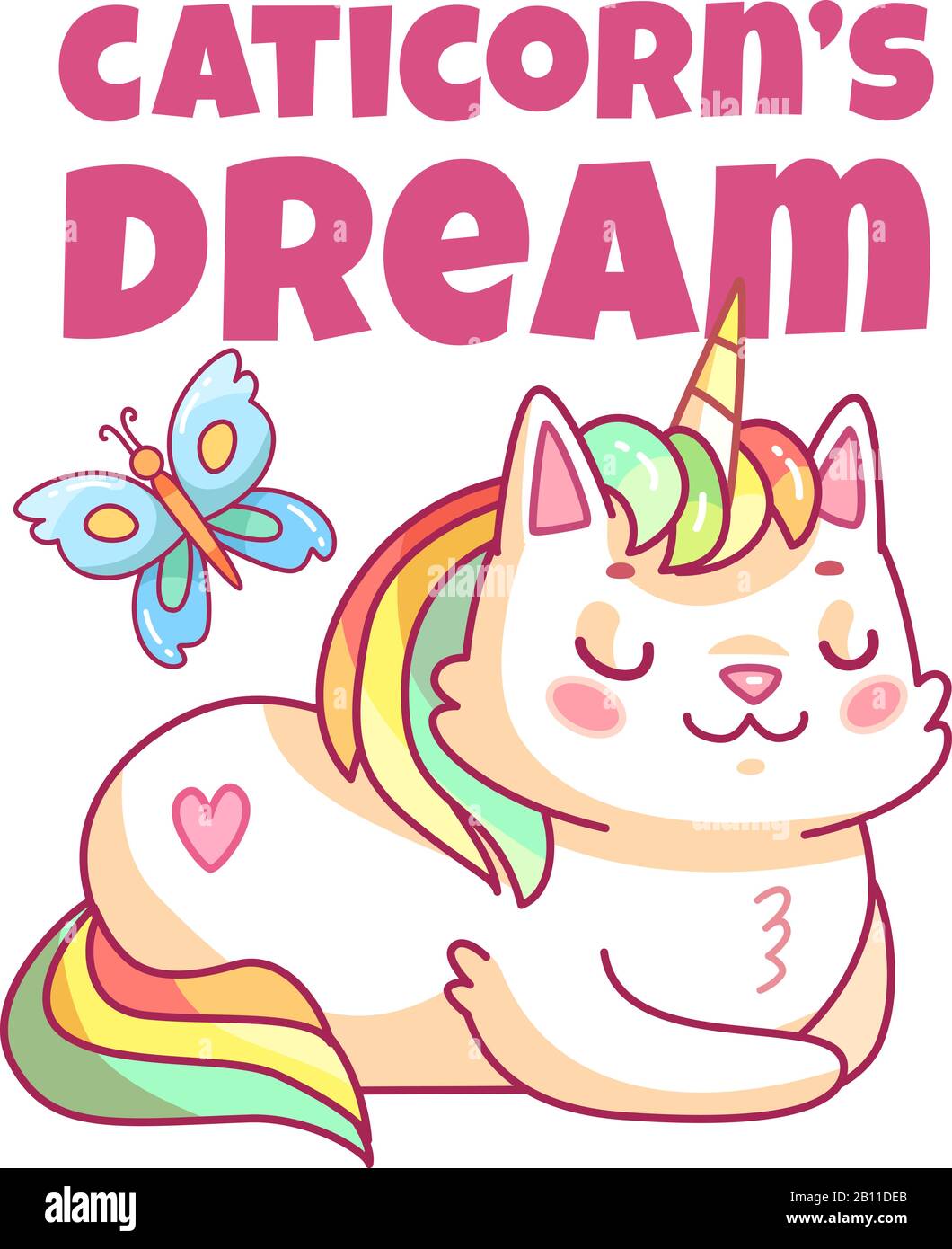 Poster unicorno Cat. Carino cartone animato canticorn, divertente cucciolo magico. Bambino ragazza vestiti stampa vettore Illustrazione Vettoriale
