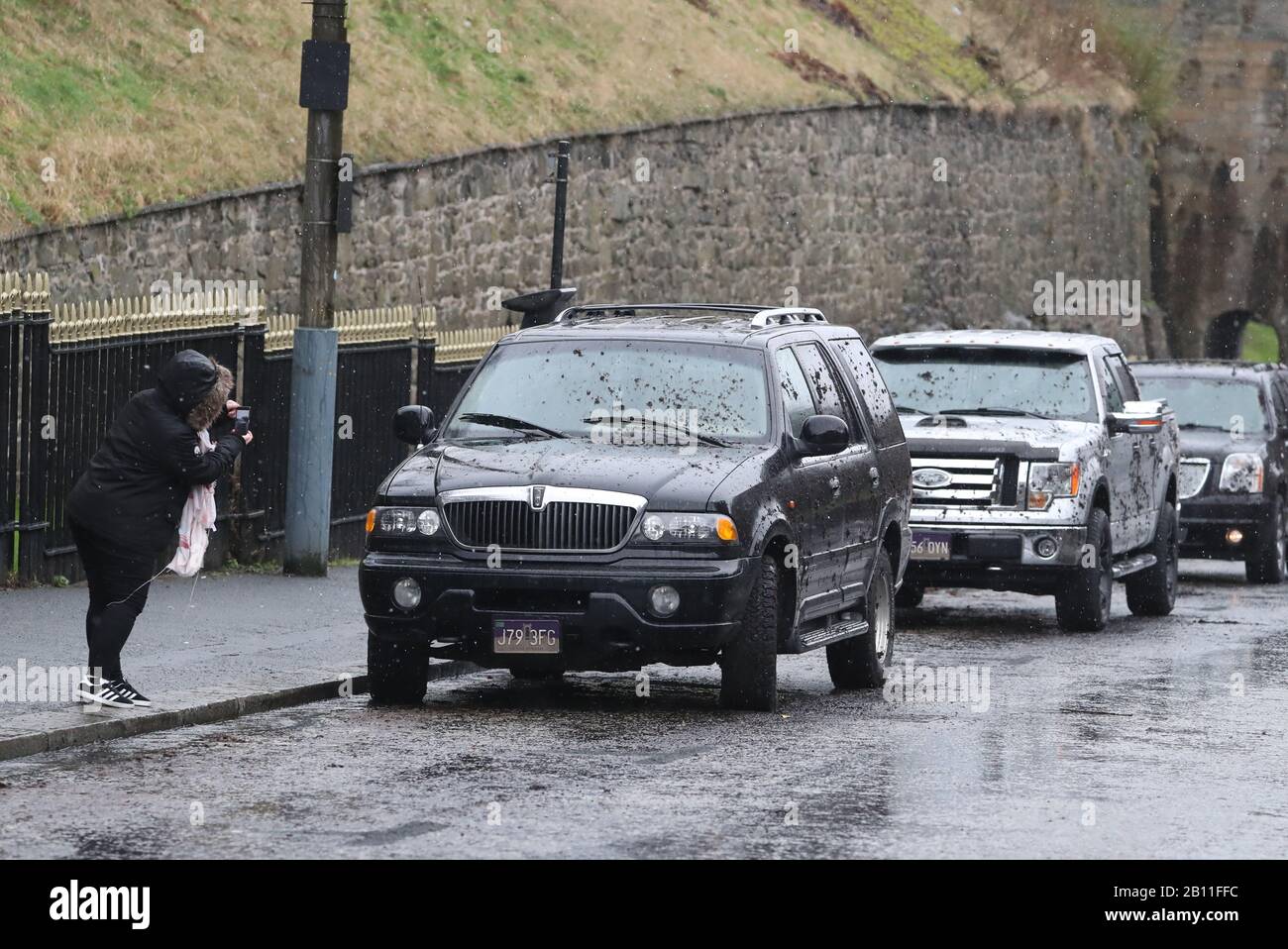 Una targa della città di Gotham su un'auto durante le riprese a Glasgow per un nuovo film per la serie di supereroi di Batman. Foto Stock