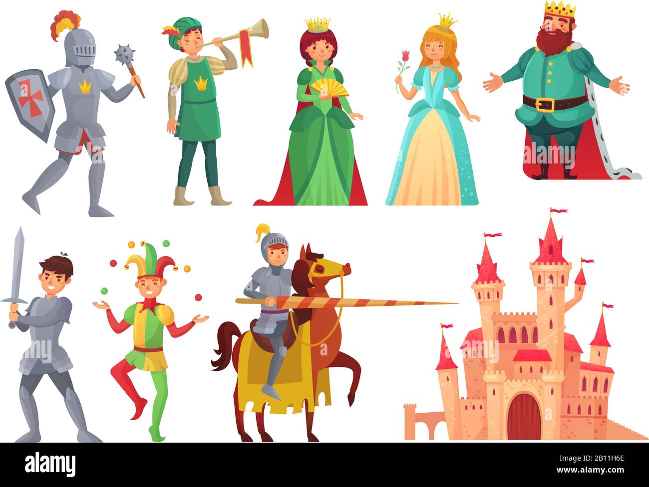 Personaggi medievali. Cavaliere reale con lancia a cavallo, principessa, re regno e regina isolato vettore carattere set Illustrazione Vettoriale