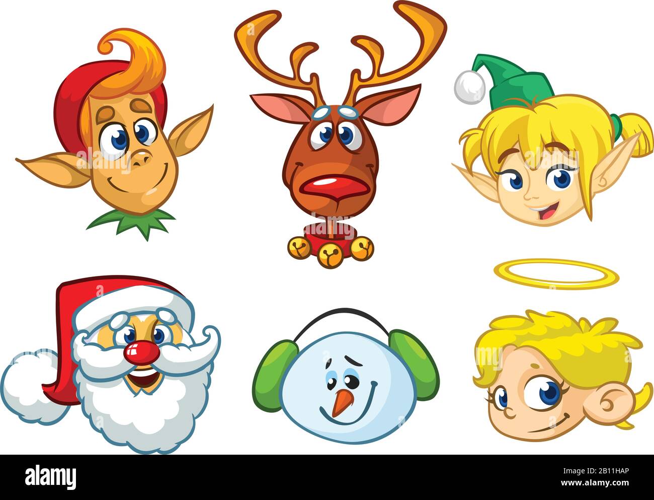 Set di personaggi di Natale cartoon. Icone di testa di cartone animato  vettore di Babbo Natale, renne, elfo, pupazzo di neve e angelo Immagine e  Vettoriale - Alamy