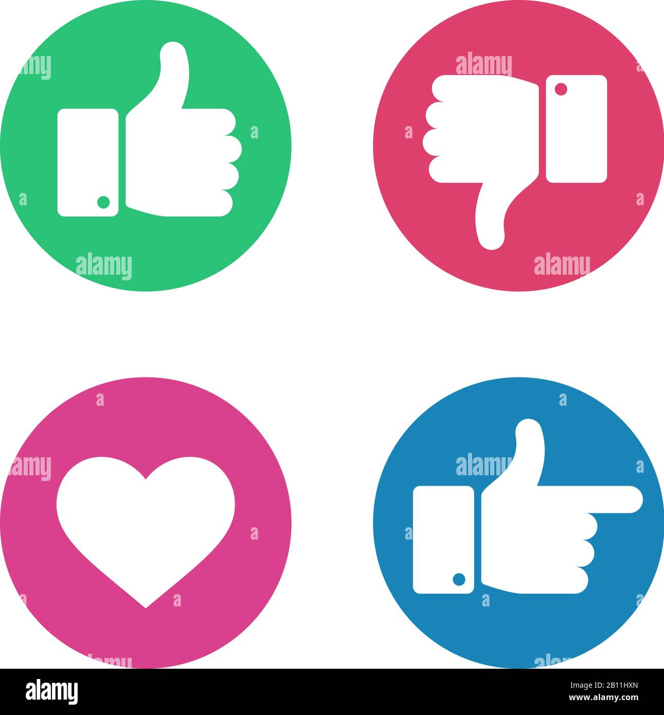 Pollice su giù segno. Puntare il dito e le icone del cuore in cerchio rosso e verde. I social media amano i pulsanti isolati del vettore di reazione dell'utente Illustrazione Vettoriale