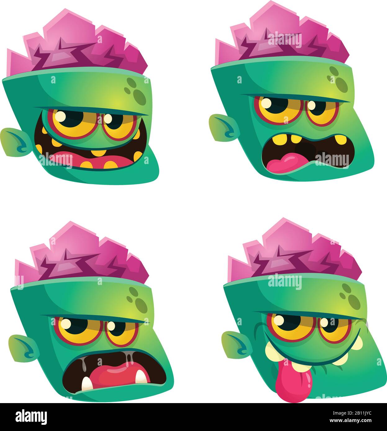 Immagine vettoriale del set di emoticon Zombie per il viso. Icone Emoji di Halloween Illustrazione Vettoriale