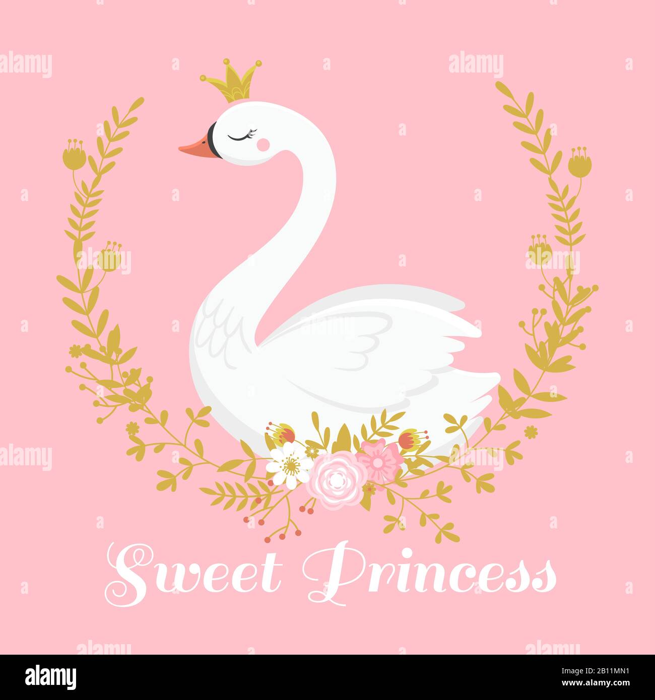 Principessa cigno carino. Bellissimo uccello cigni lago in corona dorata, dolce principessa ragazza regalo carta illustrazione vettore Illustrazione Vettoriale