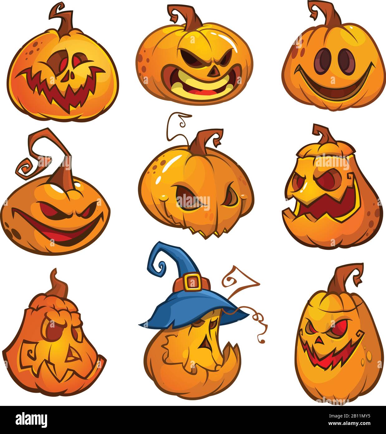 Grande set di zucche di Halloween con Jack O'Lanterna faccia, illustrazione vettoriale Illustrazione Vettoriale