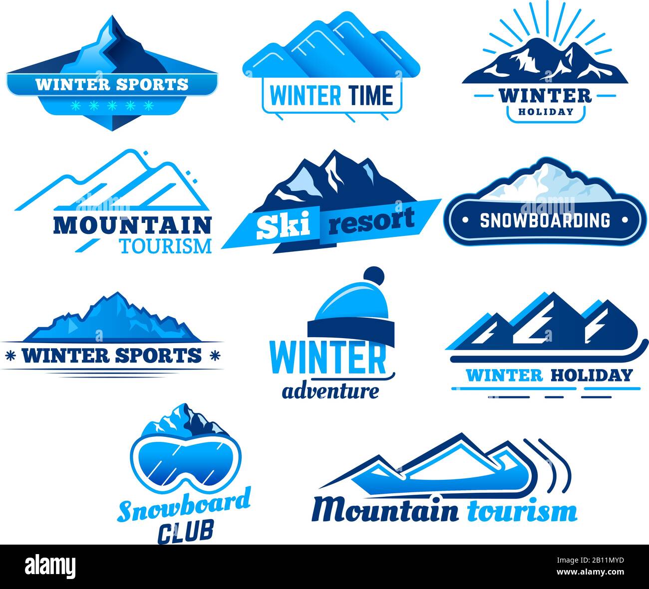 Cartello neve. Logo del paesaggio invernale, simbolo delle montagne, modello di disegno vettoriale dello sci o dello snowboard Illustrazione Vettoriale