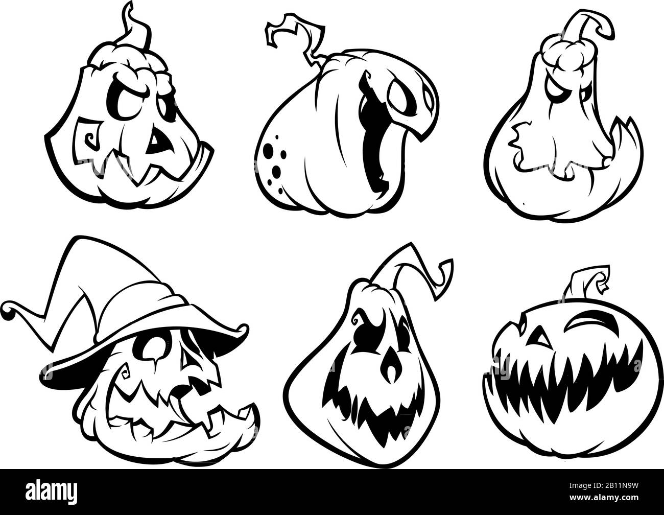 Zucca di Halloween curvata con jack o lanterna faccia. Illustrazione del cartone animato vettoriale. Tratti e contorni Illustrazione Vettoriale