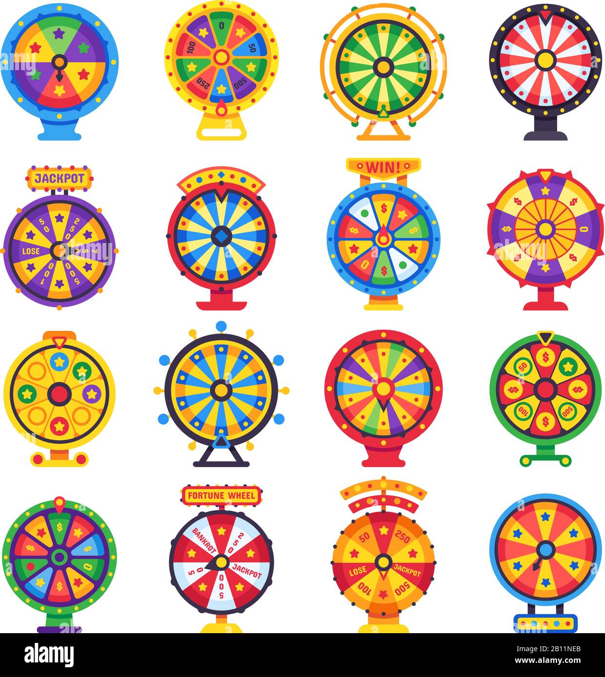 Ruota della fortuna. Girando Lucky spin ruote gioco, spinning denaro roulette isolato piatto vettore set Illustrazione Vettoriale