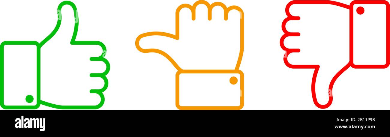 Pollice su il set. Verde come rosso dislike e giallo undecised icone di linea. I pulsanti Web isolati con contorno vettoriale verso l'alto e verso il basso con il pollice Illustrazione Vettoriale